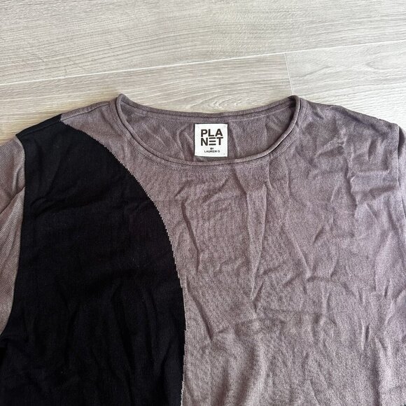 PLANET by Lauren G Tee T-Shirt Pima Cotton Modal Black /Brown Colorblock Sweater - Picture 2 of 7